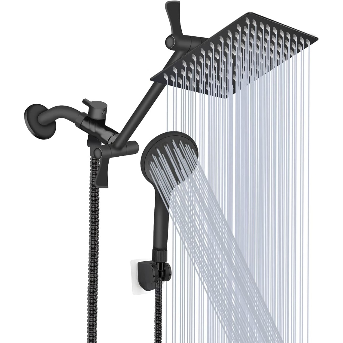 Tudoccy Shower Head, 12'' High Pressure Rainfall Shower Head/Handheld Shower Combo with 11'' Extension Arm, 9 Settings Adjustable Anti-leak Shower Head with Holder/Hose, Height/Angle Adjustable -Matte Black